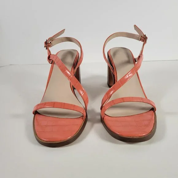 Halston Coral Vegan Leather Croc Pattern Strappy Sandal Block Heels Women Size 9 - Picture 9 of 11